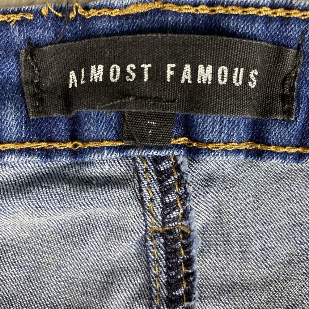 Almost Famous Jeans Size 7 26x30 Blue Denim Bell Bottom Flare Distressed Stretch - Picture 14 of 16